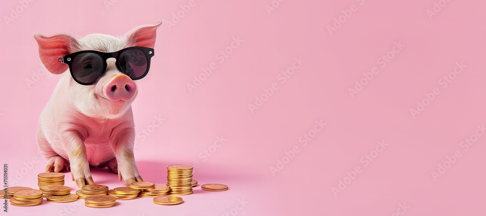 Fototapeta premium pink pig wearing a black sunglasses holds out a bunch of golden coins isolated on pastel pink background.