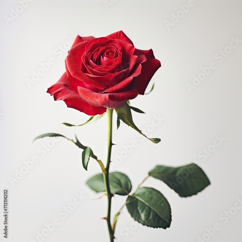 Close-up of single beautiful red rose, isolated on white background