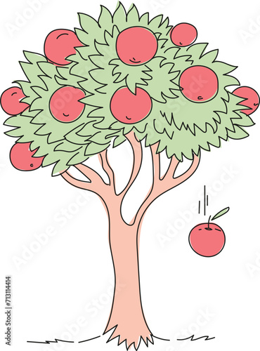 Gravity, falling apple. Isaac newton idea universal law, fall red apple tree down. Step down stages, timeline. Weight and mass experiment. Inertia, motion.