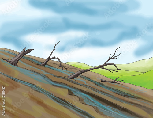 Drawing work on drought and water depletion as a result of global warming.
