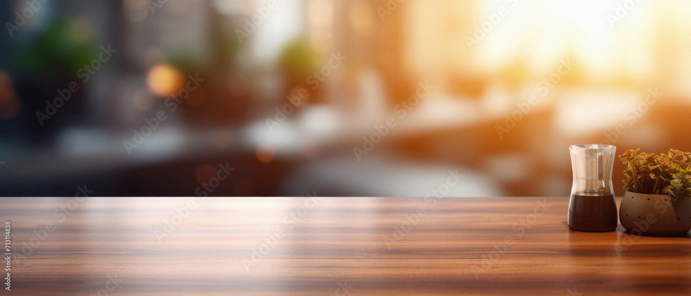 Wooden home table bokeh background, empty wood desk cafe tabletop surface product display mockup with blurry living room or city abstract backdrop advertising presentation. Mock up, copy space.