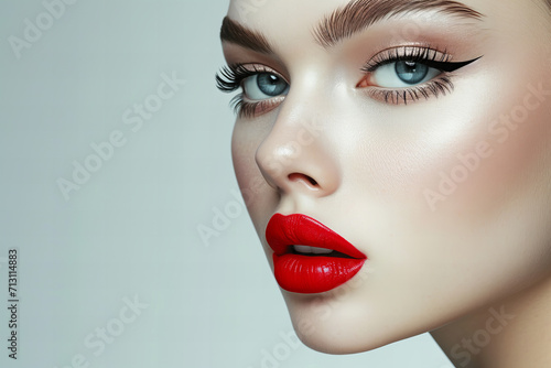 professional beauty photography. studio shot in fashion style. close up model s face wearing trendy 2024 makeup with red lips and graphic eyeliner