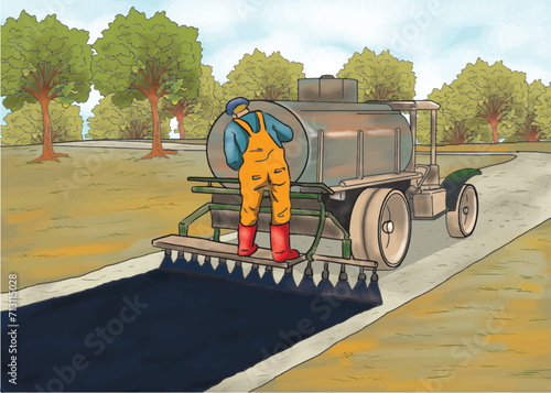 Municipal worker pouring asphalt on the road. Worker man on asphalt dump truck.