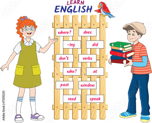 Students are learning English words. Book cover for English lesson.