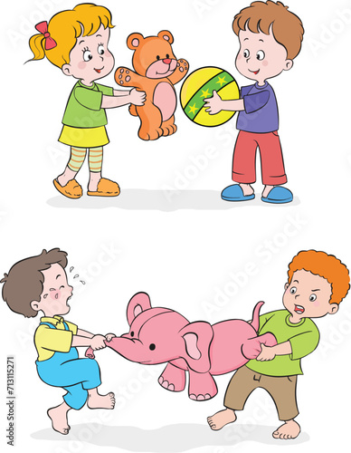 Smart kids sharing their toys. Two kids having a toy fight.