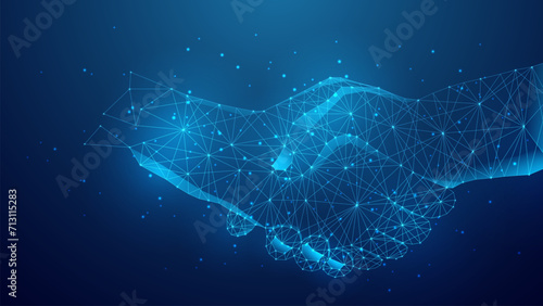 illustration of a business deal handshake and cooperation agreement. blue low poly style futuristic background.
