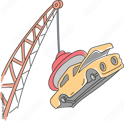 The big magnet in the junkyard lifts the scrap car.