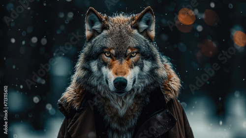 Sophisticated wolf prowls urban streets in tailored splendor, epitomizing street style. The realistic cityscape forms a backdrop, capturing the wild grace merged with contemporary fashion allure in a 