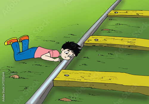 A boy listening to the sound of train tracks.