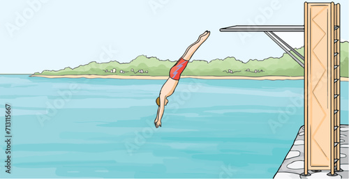 Swimmer jumping into the sea from a 90 degree springboard.