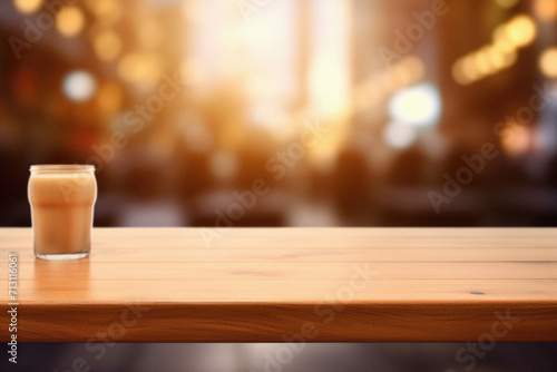 Wooden cafe table bokeh background  empty wood desk restaurant tabletop counter in bar or coffee shop surface product display mockup with blurry city lights backdrop presentation. Mock up  copy space.