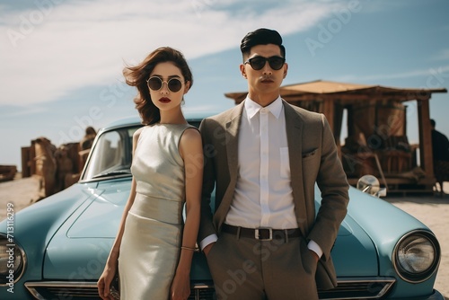 Radiant newly married pair posing with a retro car backdrop © rzrstudio