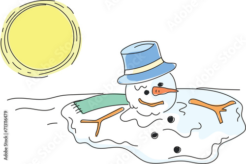 Snowman melting in the heat of the sun. Melting.