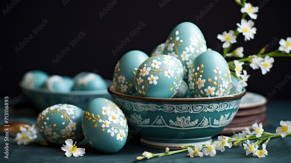 Blue decorated easter eggs with beautiful spring flowers. Selective focus