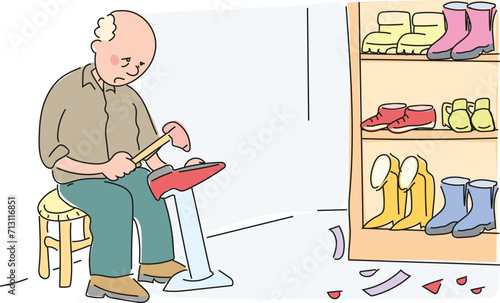 Old shoemaker. He's making shoes.