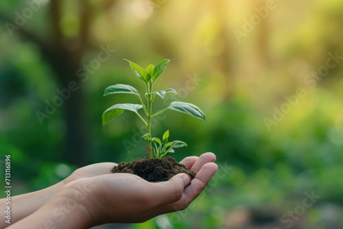 A person holding a small plant in their hands. Suitable for environmental and gardening themes