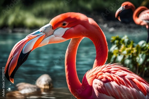 close up of a pink flamingo Generated with AI. © dreak