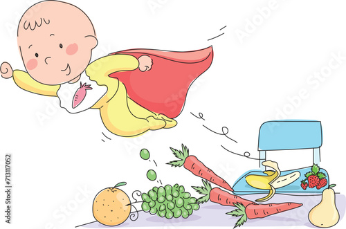 A flying super baby. And vegetables on the table.