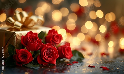 Romantic Gift, and Roses on Bed, with Fairy Lights,Red roses scattered on a bed, highlighted by the soft bokeh of fairy lights, creating a romantic ambiance,romantic background.