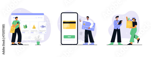 A man chooses goods, pays online, and receives an order from a courier. Easy online shopping in three steps. Vector flat illustrations for app, web banner, and landing page.