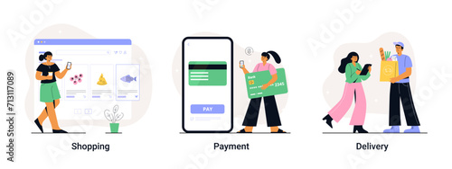 A woman chooses goods, pays online, and receives an order from a courier. Easy online shopping in three steps. Vector flat illustrations for app, web banner, and landing page. photo