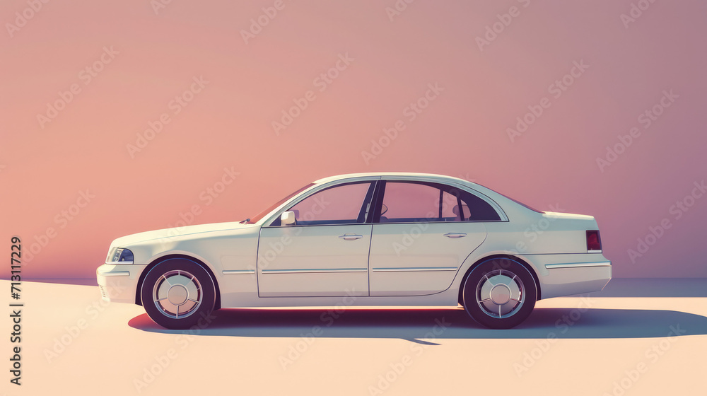 Classic white sedan on pastel background, ideal for car enthusiasts and auto financing themes.