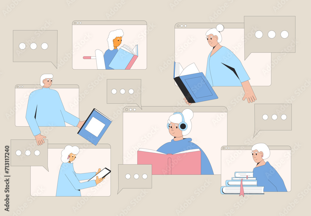 Book discussion between senior people. Reading club or library for elders online. Old friends have fun together Book discussion between senior people. Reading club or library for elders online. Old friends have fun together