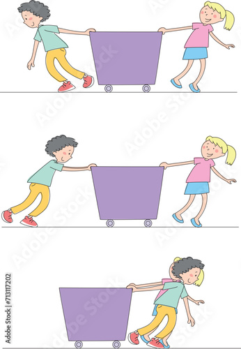 Push and Pull force vector illustration. Force, motion and friction concept. Easy science for kids. Educational illustrated scene.
