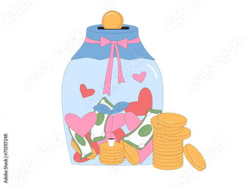 Donation box. International charity day. Glass jar money with coins, banknotes, heart symbols