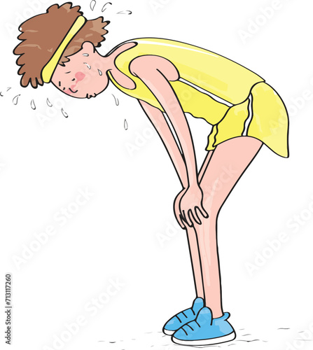 Young boy tired from running and sweating resting. The boy who is tired of running.