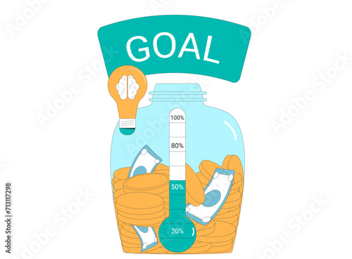 Fundraising event. Startup goal concept. thermometer, idea and moneybox.