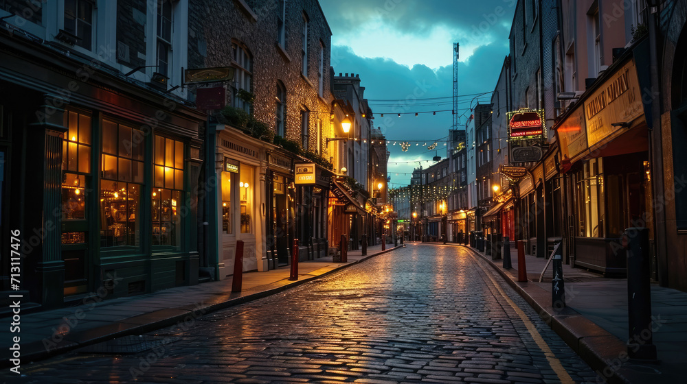 Deserted, cobblestone street in Dublin, Ireland, lined with shops and bistros. Deserted, cobblestone street in Dublin, Ireland, lined with shops and bistros.