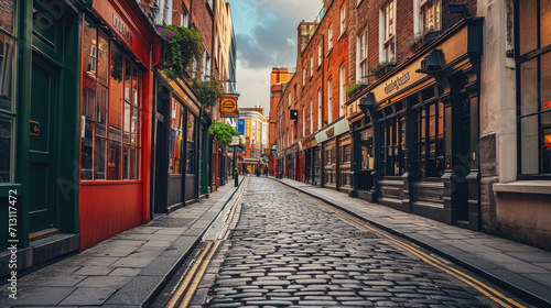 Deserted, cobblestone street in Dublin, Ireland, lined with shops and bistros.