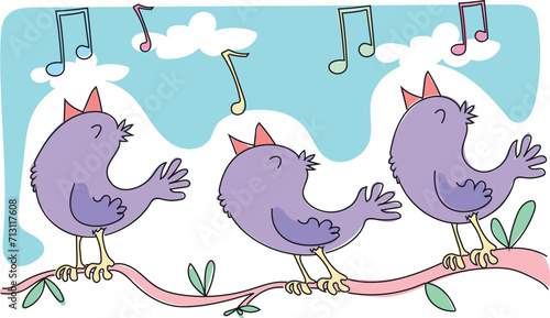 The choir of birds sing on the tree branch.