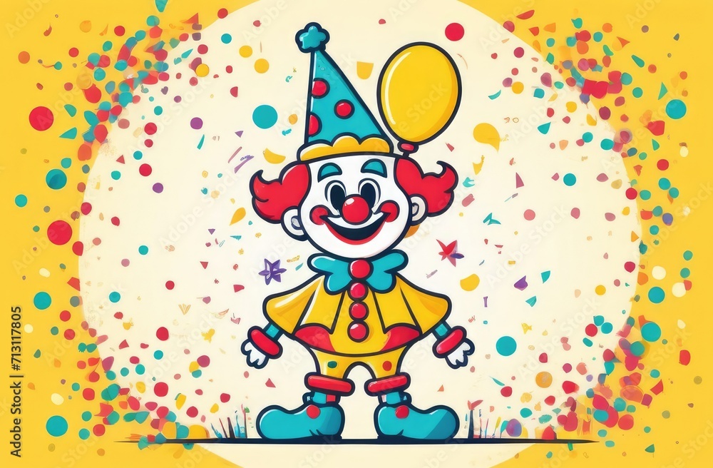clown with balloons. clown in a jester's hat on a yellow background with confetti. clown with balloons. clown in a jester's hat on a yellow background with confetti.