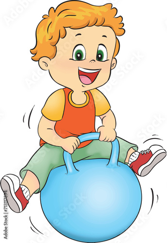 A bouncing boy on a jumping ball.