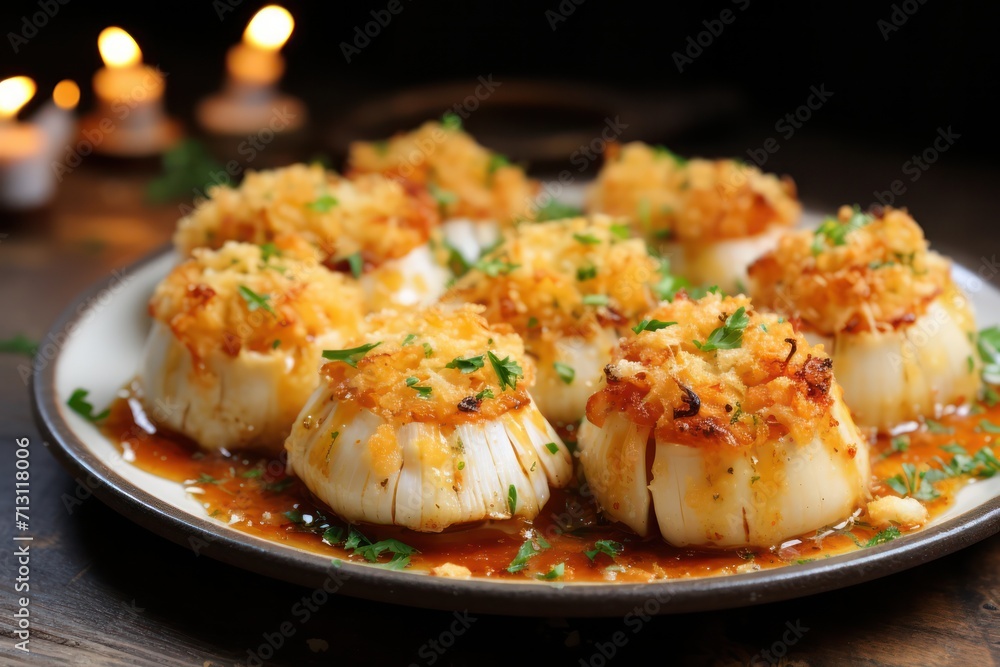 baked scallops dish on a plate closeup. Appetizer at seafood restaurant. baked scallops dish on a plate closeup. Appetizer at seafood restaurant.