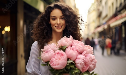 beautiful caucasian woman receiving bouquet of pink peonies for Valentines day in the street of  the city. Flowers delivery from florist shop. Romantic February 14 poster. © Dina