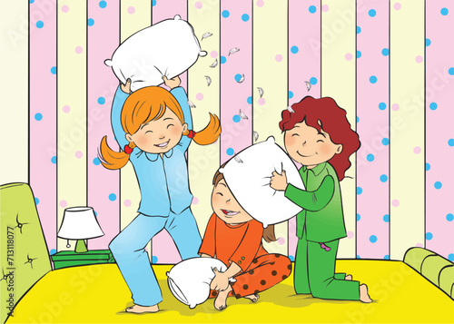Girls having a pillow fight at a pajama party.
