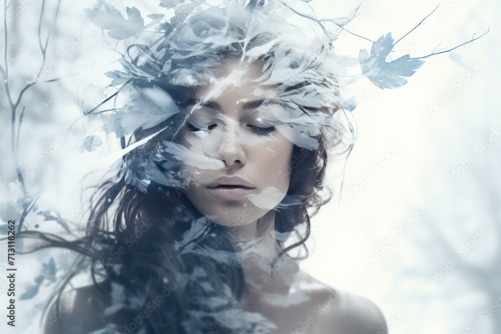 double exposure portrait of a woman in winter nature in harmony. Cold, frozen, apathy, depression.
