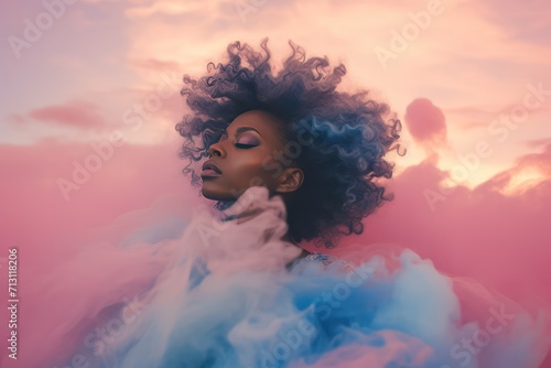 double exposure of a beautiful black woman. face closeup in dreamy pink pastel blue clouds and sky. Music concert, r'n'b, funk, electronic party poster and creative banner.