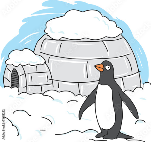 Cute penguin standing in front of his igloo house in the poles.