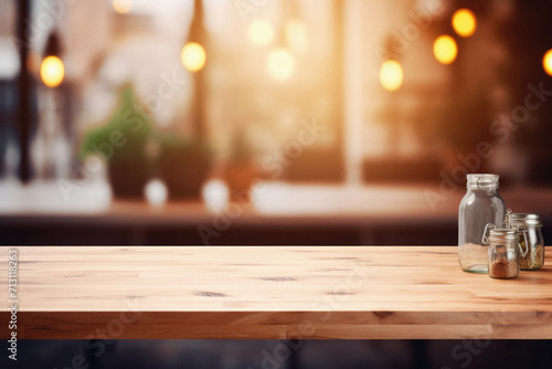 Wooden home table bokeh background  empty wood desk cafe tabletop surface product display mockup with blurry living room or city abstract backdrop advertising presentation. Mock up  copy space.