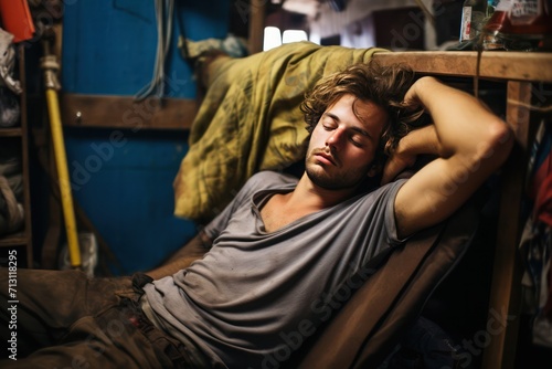 guy napping or sleeping in squat or hostel. Squatting and alternative housing living.