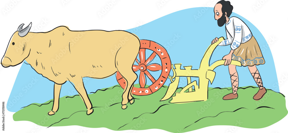A man from ancient times is harvesting. Through an ox. A man from ancient times is harvesting. Through an ox.
