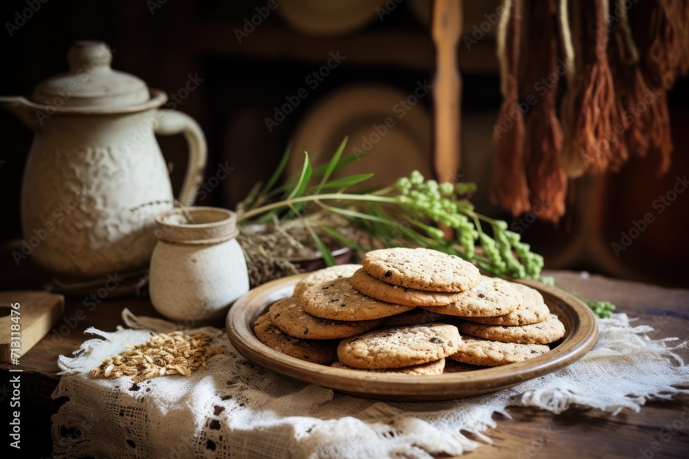 lacy oatmeal cookies in rustic kinfolk style kitchen