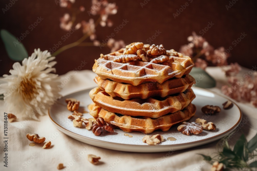 oatmeal nut waffles on beige minimal kitchen. Homemade dessert recipe for breakfast. oatmeal nut waffles on beige minimal kitchen. Homemade dessert recipe for breakfast.