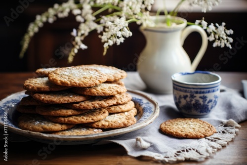 lacy oatmeal cookies in rustic kinfolk style kitchen
