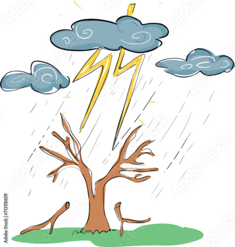 Illustration of lightning falling on a tree.