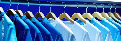 a number of multi-colored T-shirts and jackets weighs on hangers